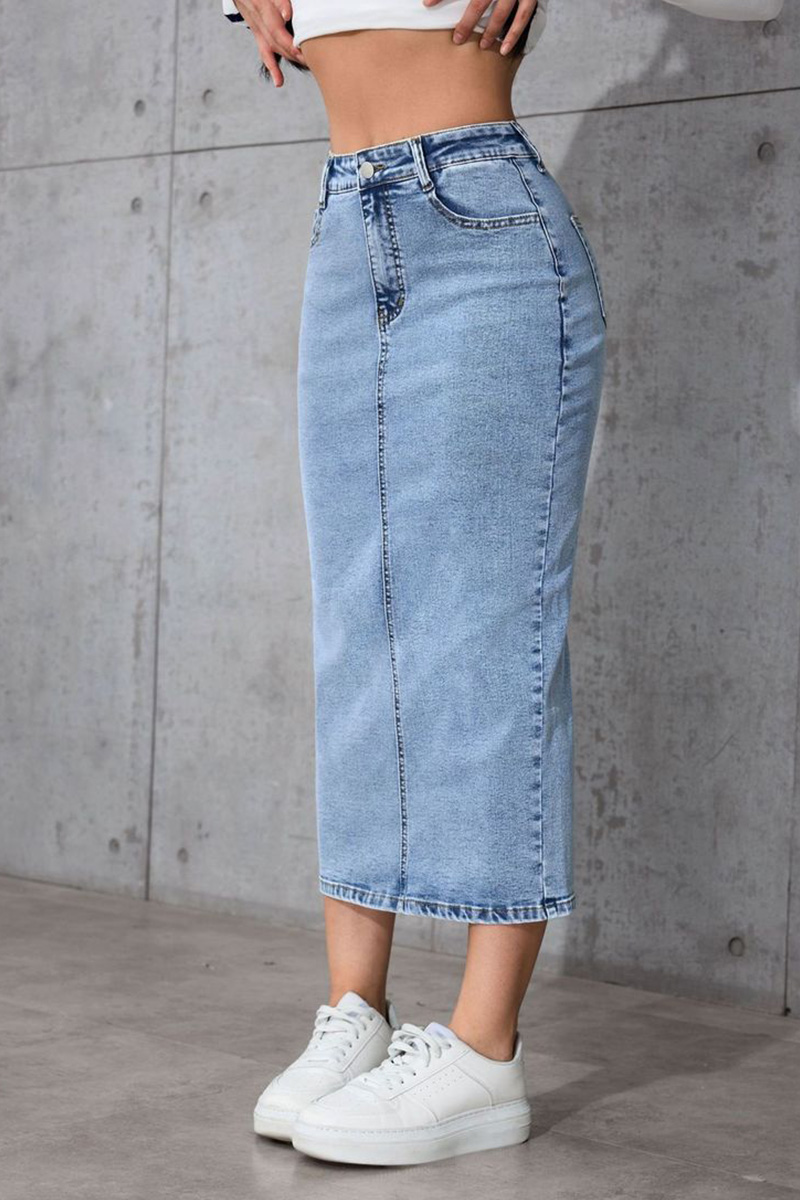 Ladies High-Waist Slimming Mid-Length Denim Skirt