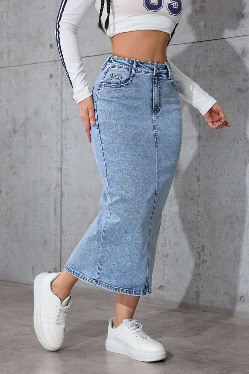 Ladies High-Waist Slimming Mid-Length Denim Skirt