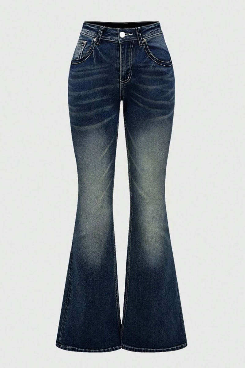 Distressed Embroidered Flared Jeans with Rhinestone Accents