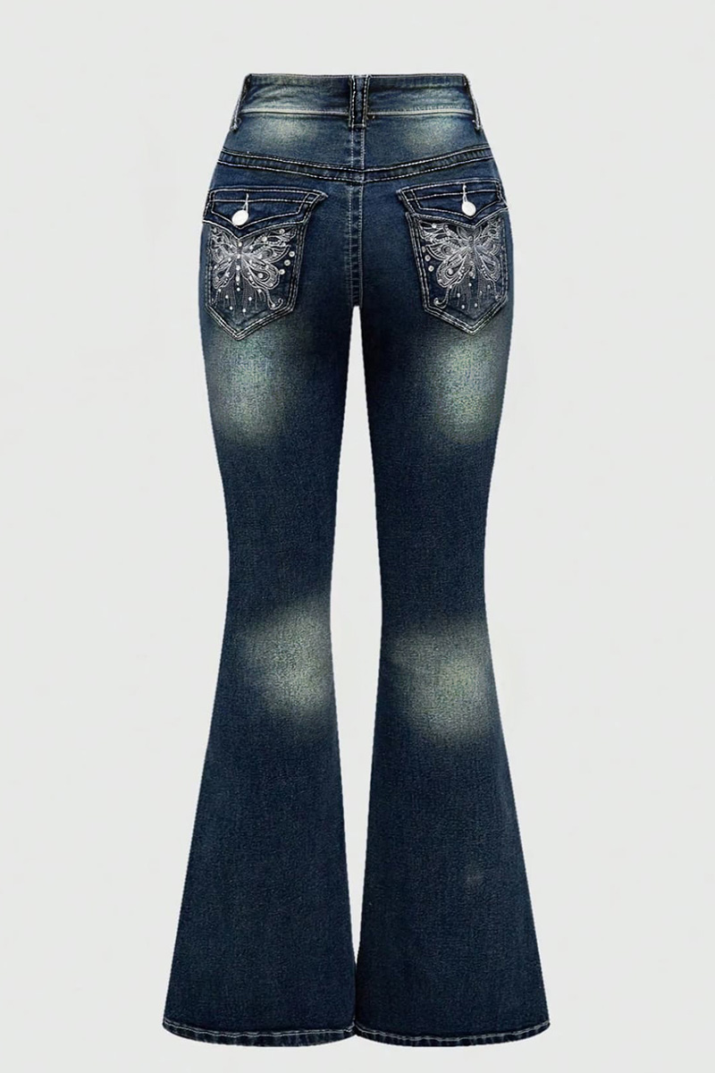 Distressed Embroidered Flared Jeans with Rhinestone Accents
