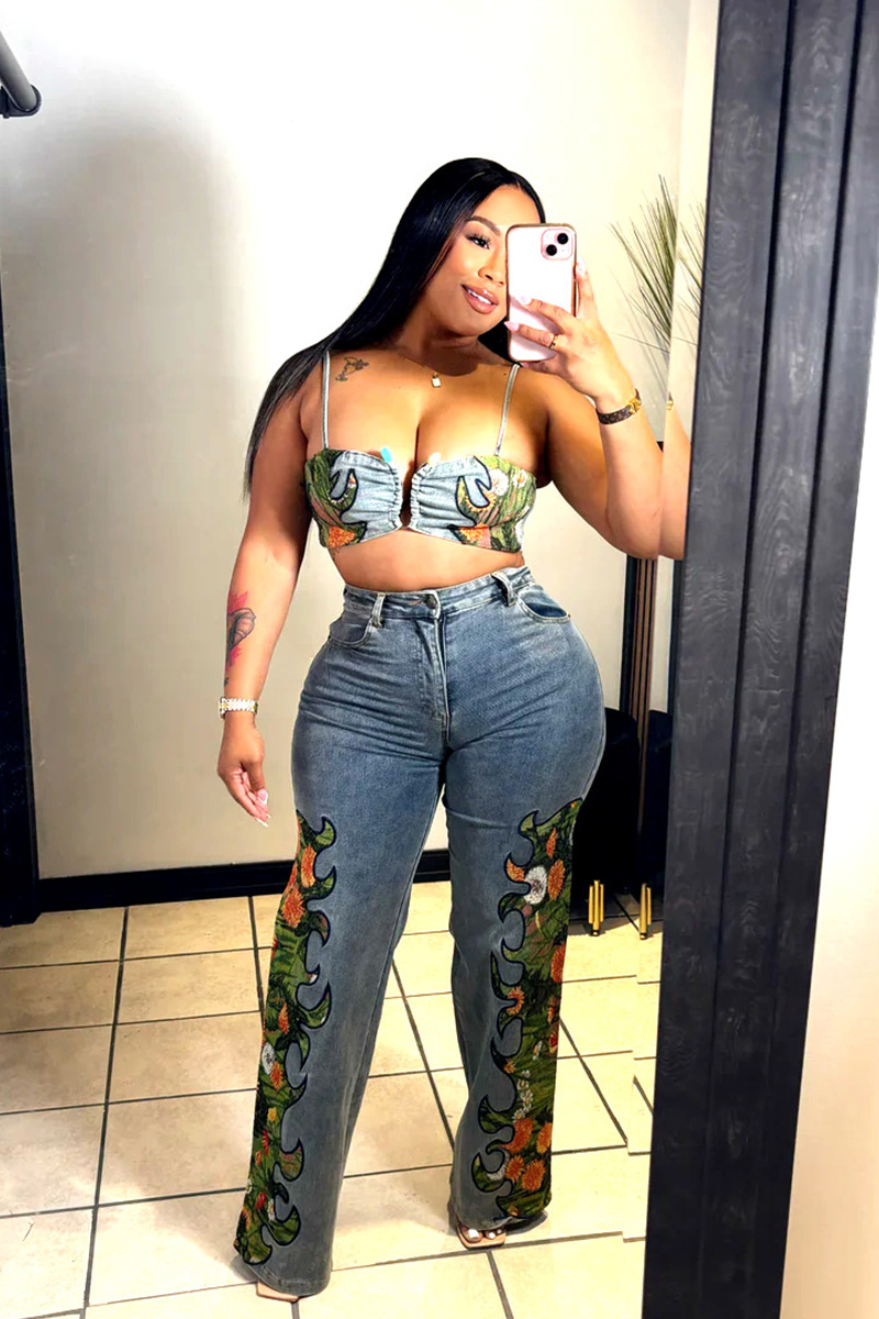 Ladies Trendy Side Print Stretch Jeans