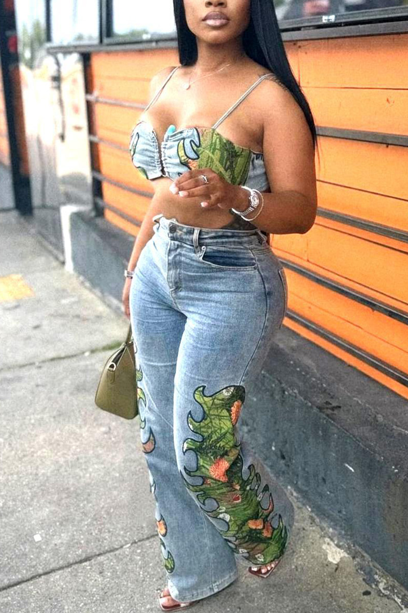 Ladies Trendy Side Print Stretch Jeans