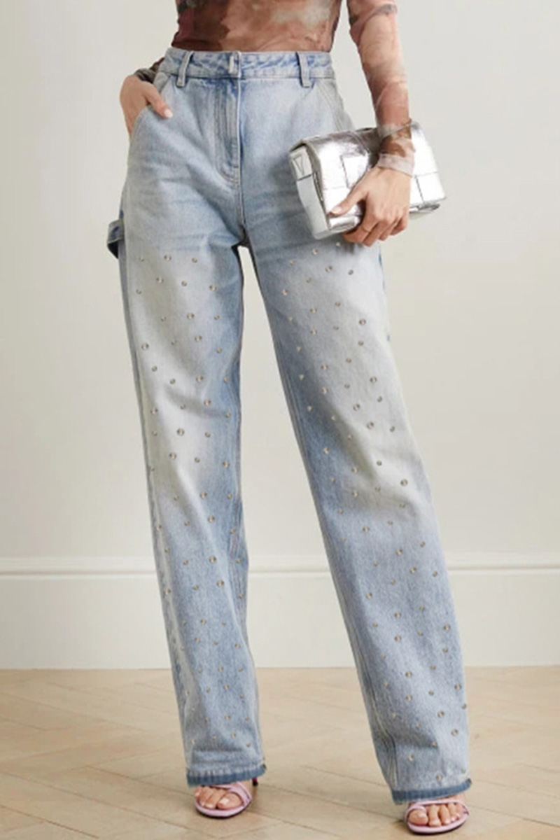 Women Heavy Duty Rhinestone Embellished Straight Leg Jeans