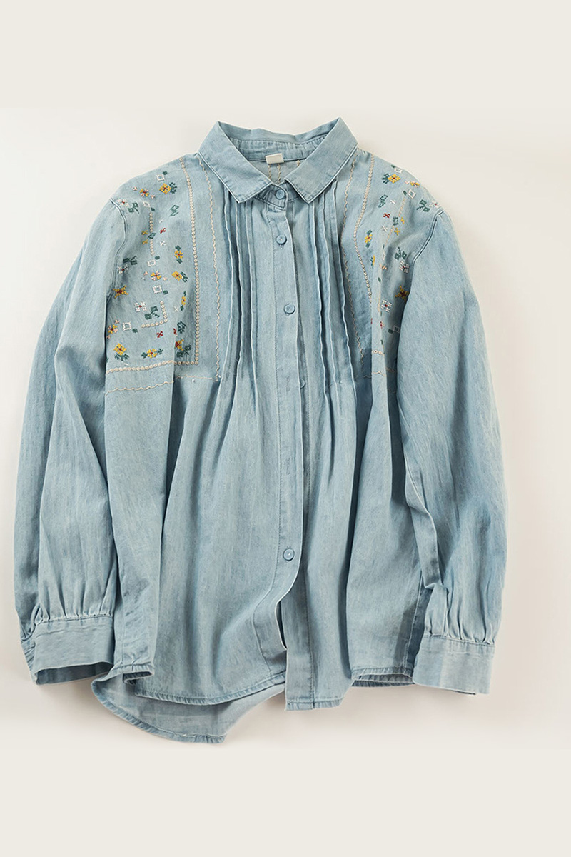 Elegant Embroidered Button Down Blouse For Women