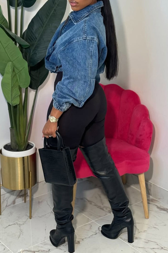 Women's Washed Denim Zip-Up Jacket With Drawstring