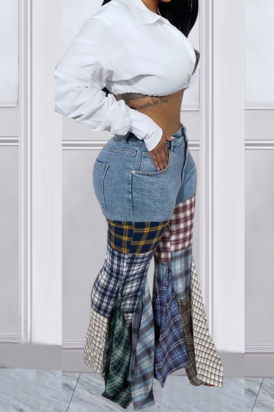 Women's Casual Fashion Patchwork Plaid Denim Jeans