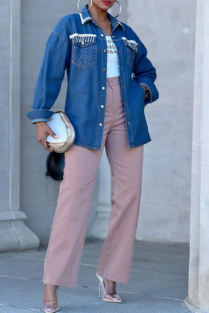 Distressed Denim Jacket With Crystal Pockets