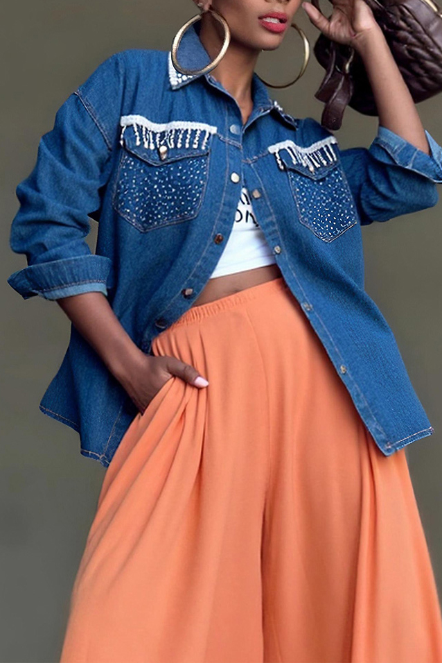 Distressed Denim Jacket With Crystal Pockets