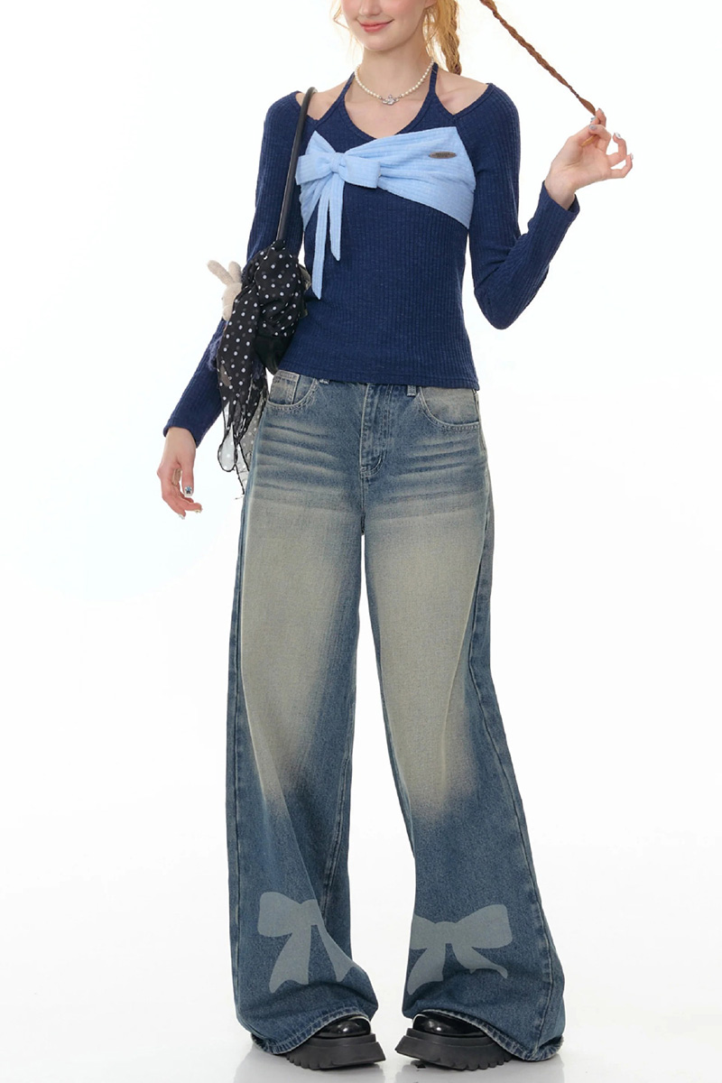 Women's Relaxed Fit  Wide Leg Bow Print Jeans