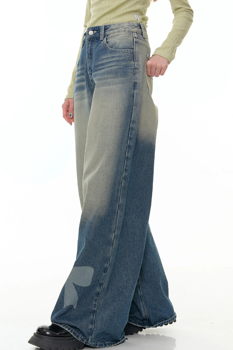 Women's Relaxed Fit  Wide Leg Bow Print Jeans