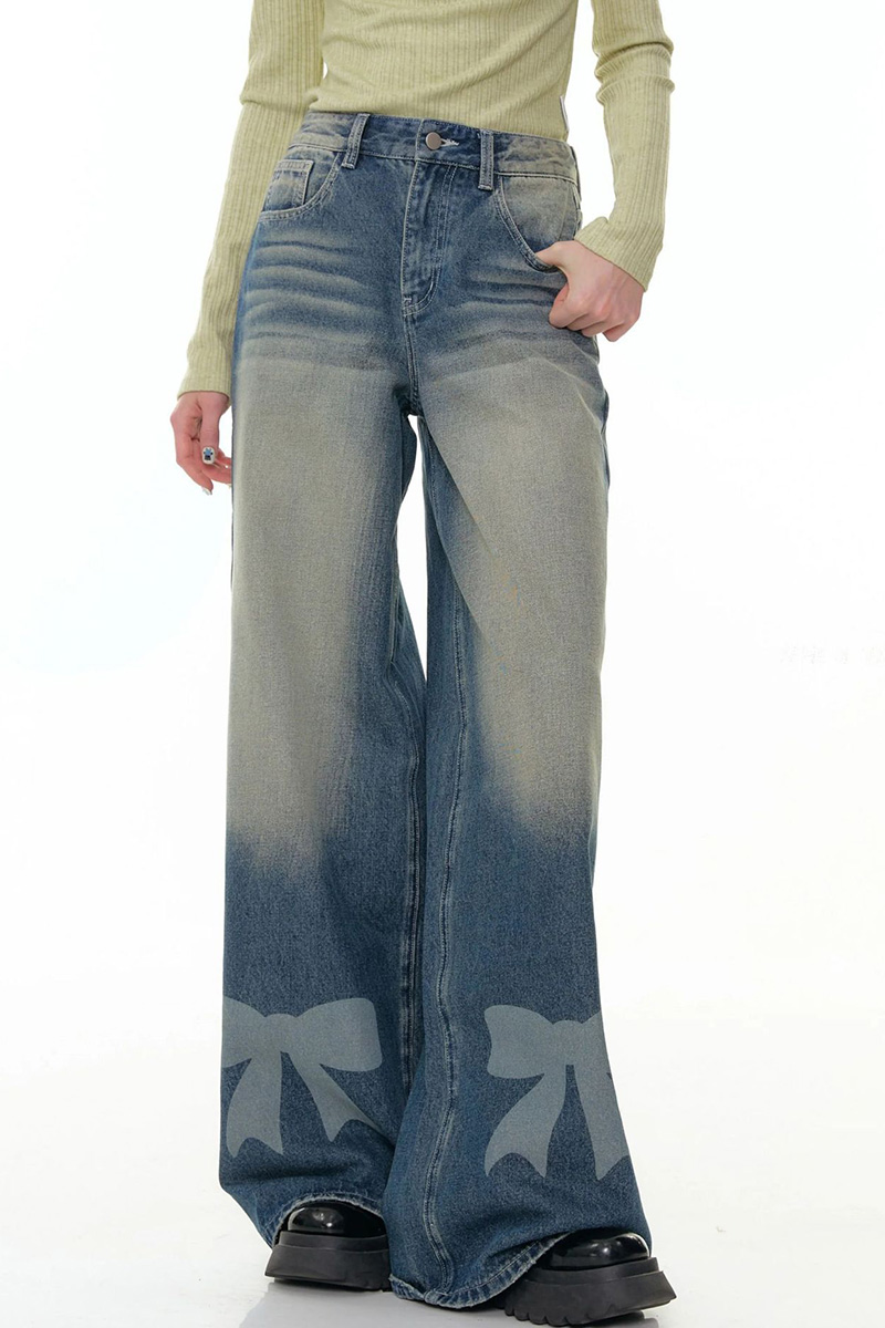 Women's Relaxed Fit  Wide Leg Bow Print Jeans
