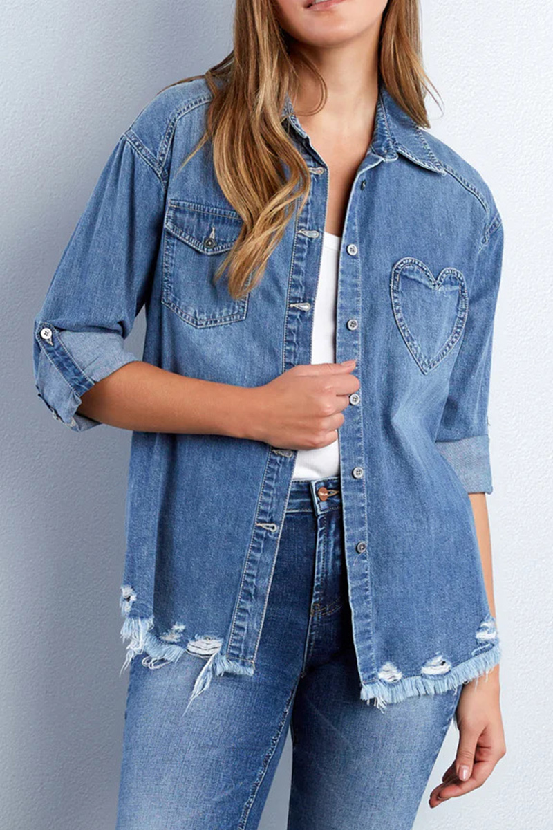 Women’s Modern Asymmetrical Hem Fringe Denim Shirt