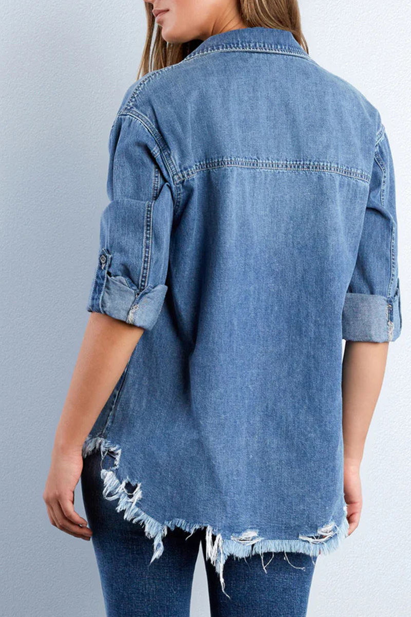 Women’s Modern Asymmetrical Hem Fringe Denim Shirt