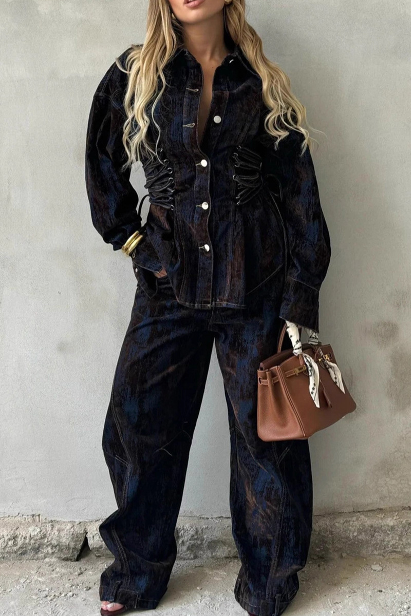 Women's Printed Contrast Lace-Up Denim Jacket And Jeans Sets