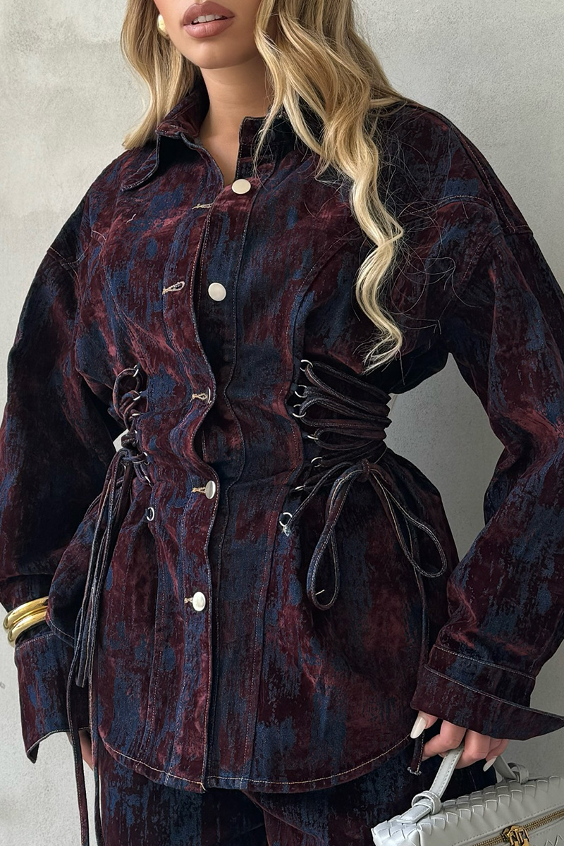 Women's Printed Contrast Lace-Up Denim Jacket And Jeans Sets