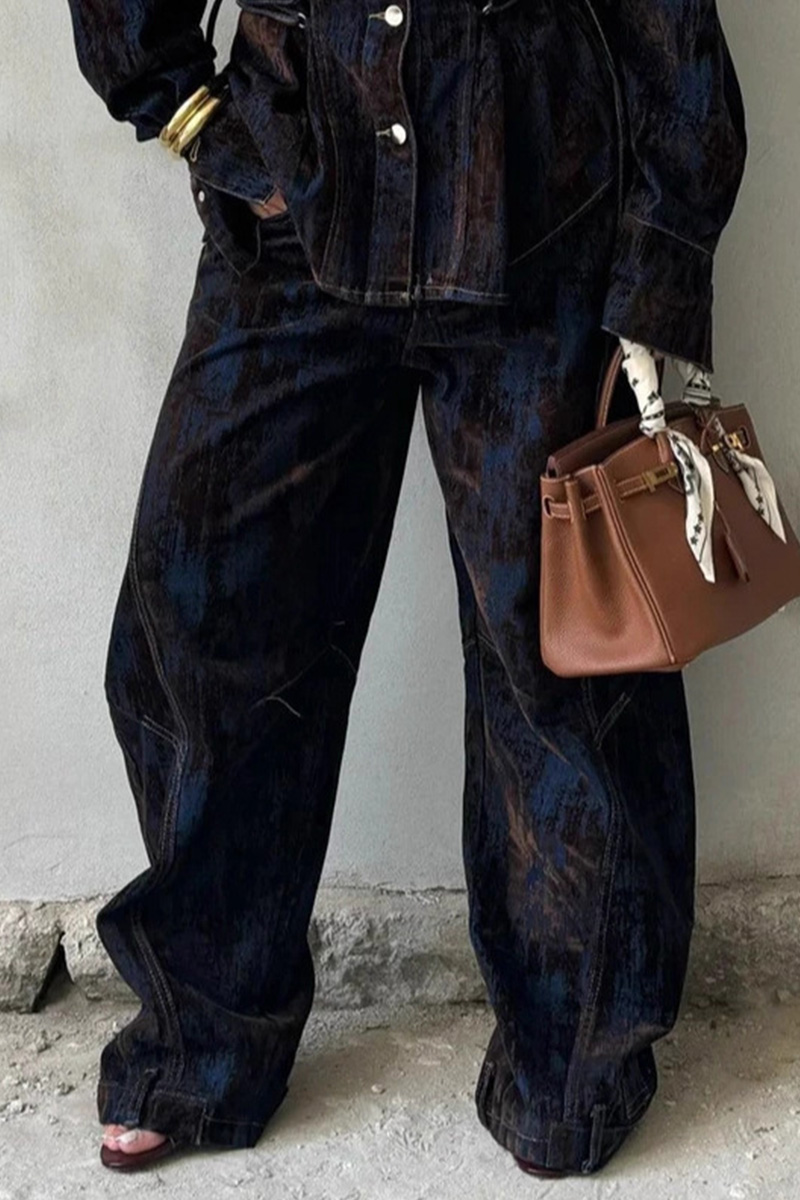 Women's Printed Contrast Lace-Up Denim Jacket And Jeans Sets