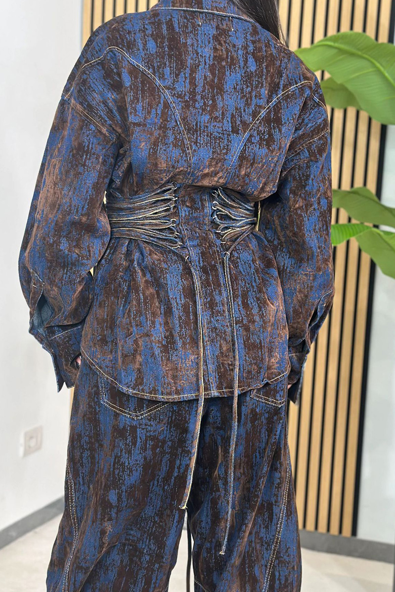 Women's Printed Contrast Lace-Up Denim Jacket And Jeans Sets