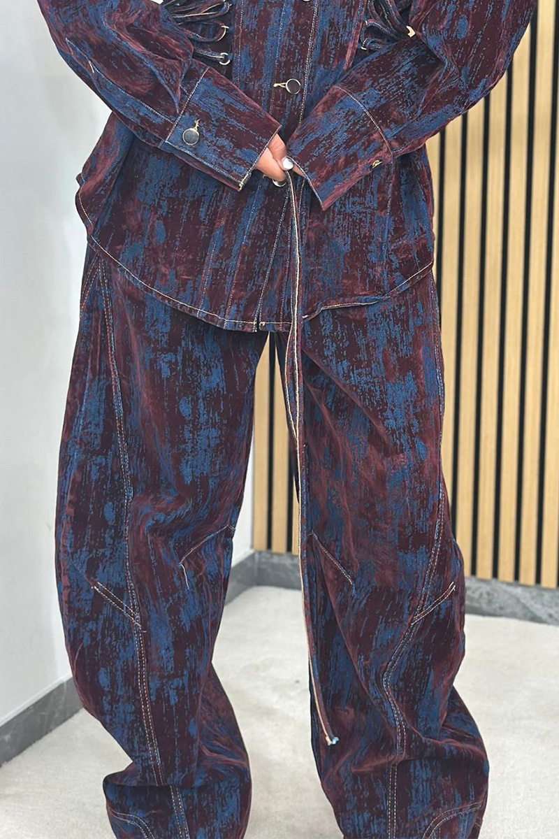 Women's Printed Contrast Lace-Up Denim Jacket And Jeans Sets