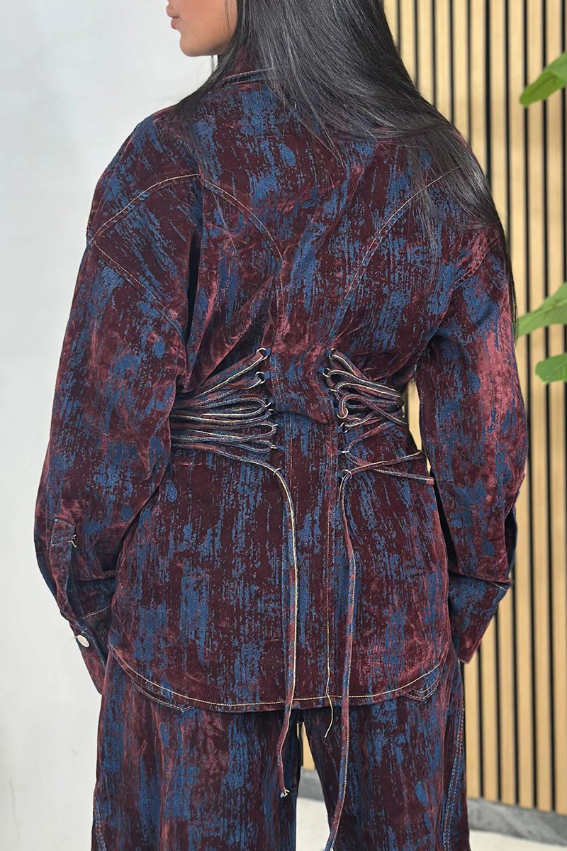 Women's Printed Contrast Lace-Up Denim Jacket And Jeans Sets