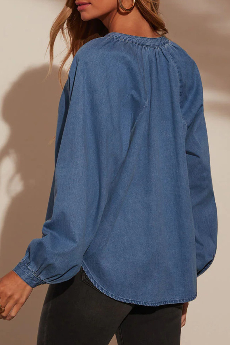 Relaxed Fit Denim V-Neck Top For Women