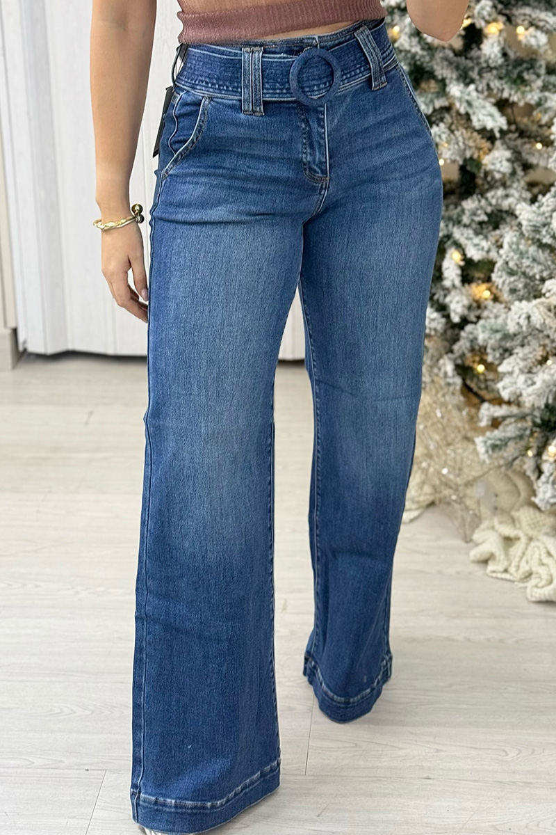 Women's Retro Style Wide Leg Belted Jeans