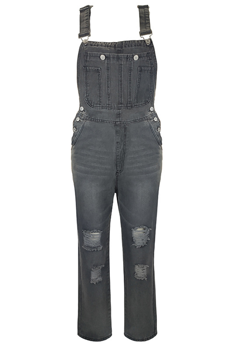 Women's Casual Wash Ripped Denim Overalls