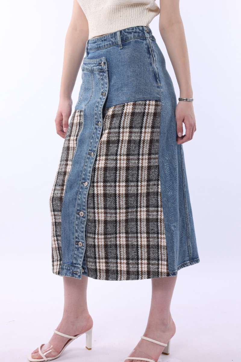 Women Modern Patchwork Plaid Denim Skirt