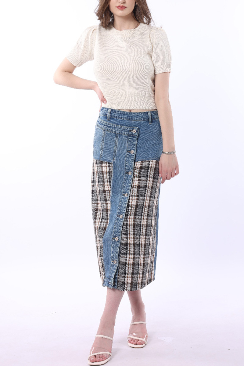 Women Modern Patchwork Plaid Denim Skirt