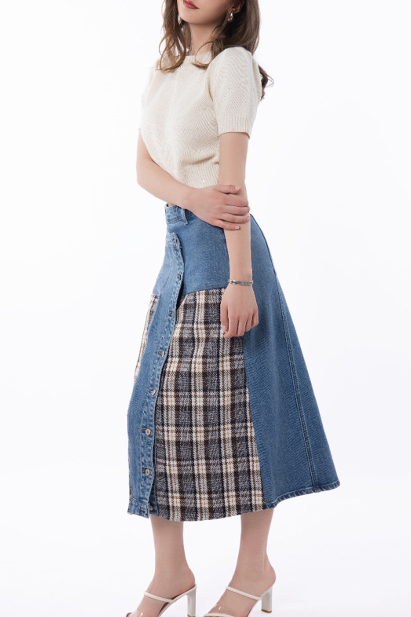 Women Modern Patchwork Plaid Denim Skirt