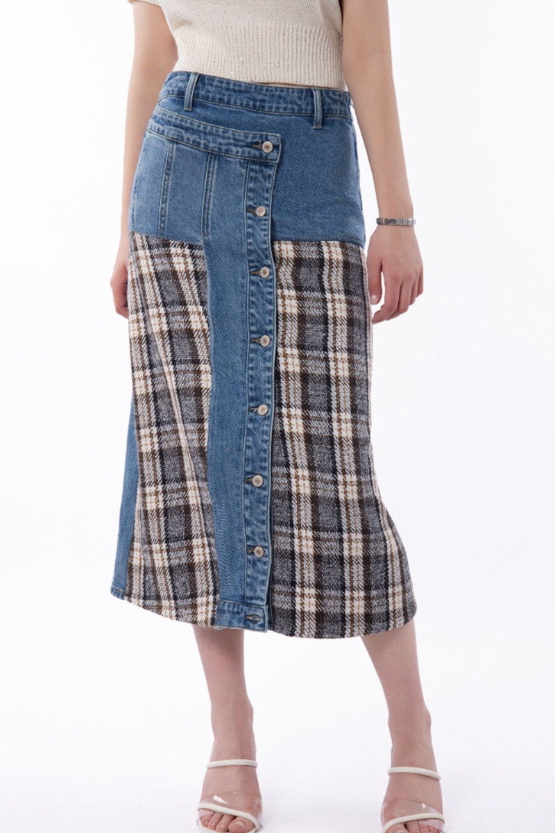 Women Modern Patchwork Plaid Denim Skirt