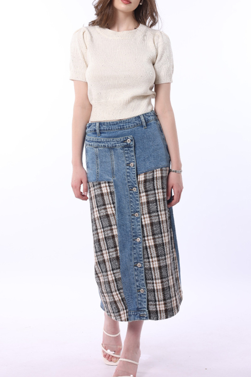 Women Modern Patchwork Plaid Denim Skirt