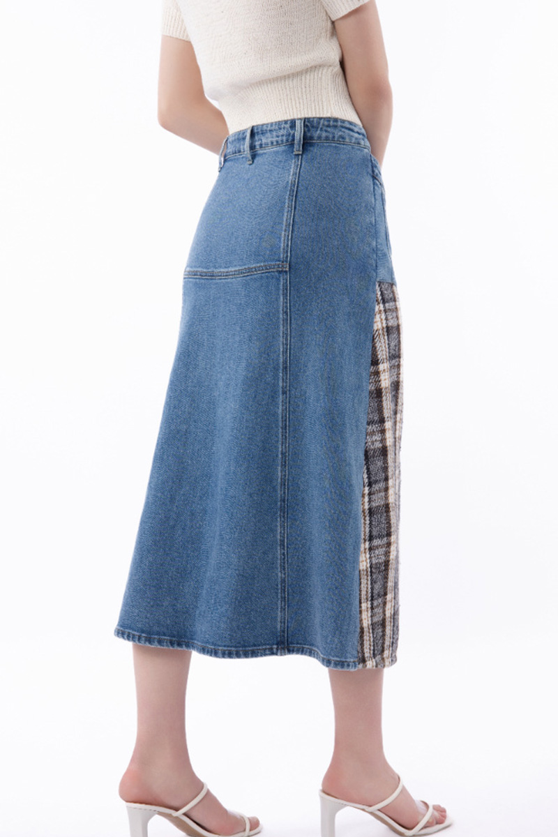 Women Modern Patchwork Plaid Denim Skirt