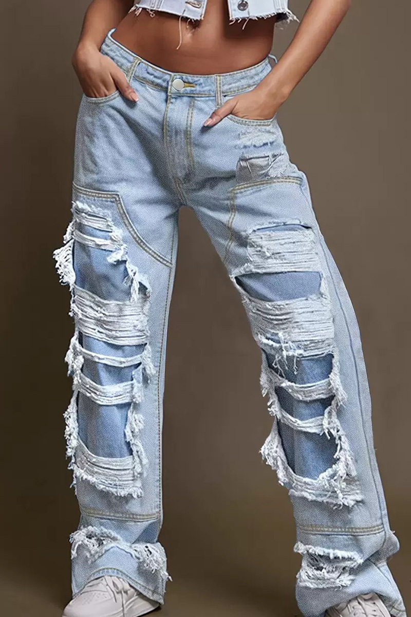 Women's Heavy Wash Whisker Patch Distressed  Jeans