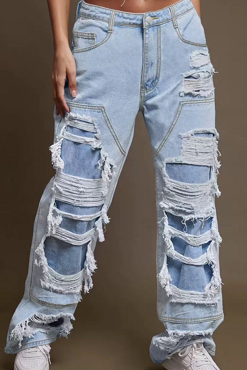 Women's Heavy Wash Whisker Patch Distressed  Jeans