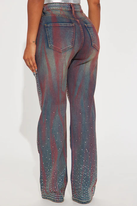 Women's Casual Gradient Rhinestone Wide Leg Denim Jeans