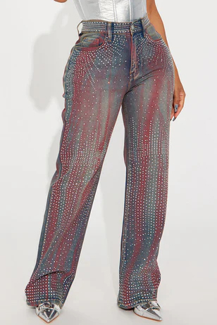 Women's Casual Gradient Rhinestone Wide Leg Denim Jeans