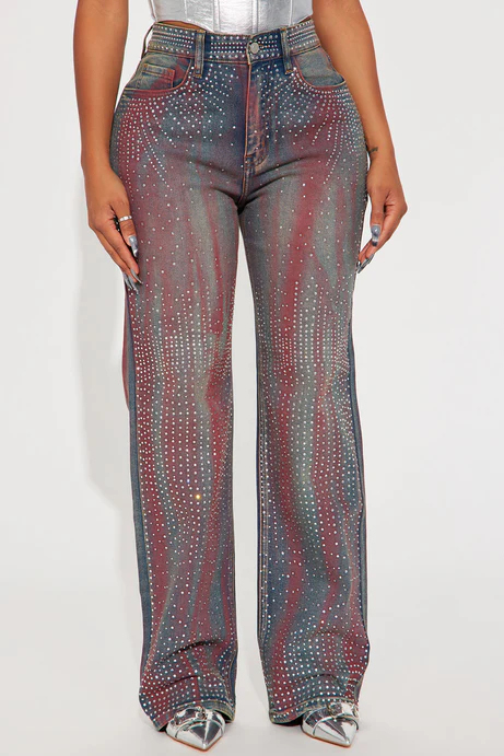 Women's Casual Gradient Rhinestone Wide Leg Denim Jeans