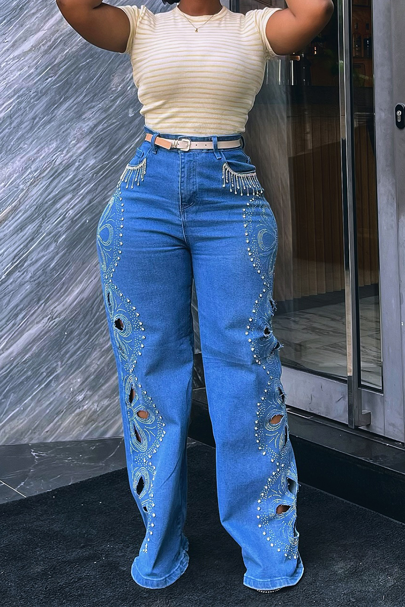 Women's Casual Cutout Floral Rhinestone Jeans