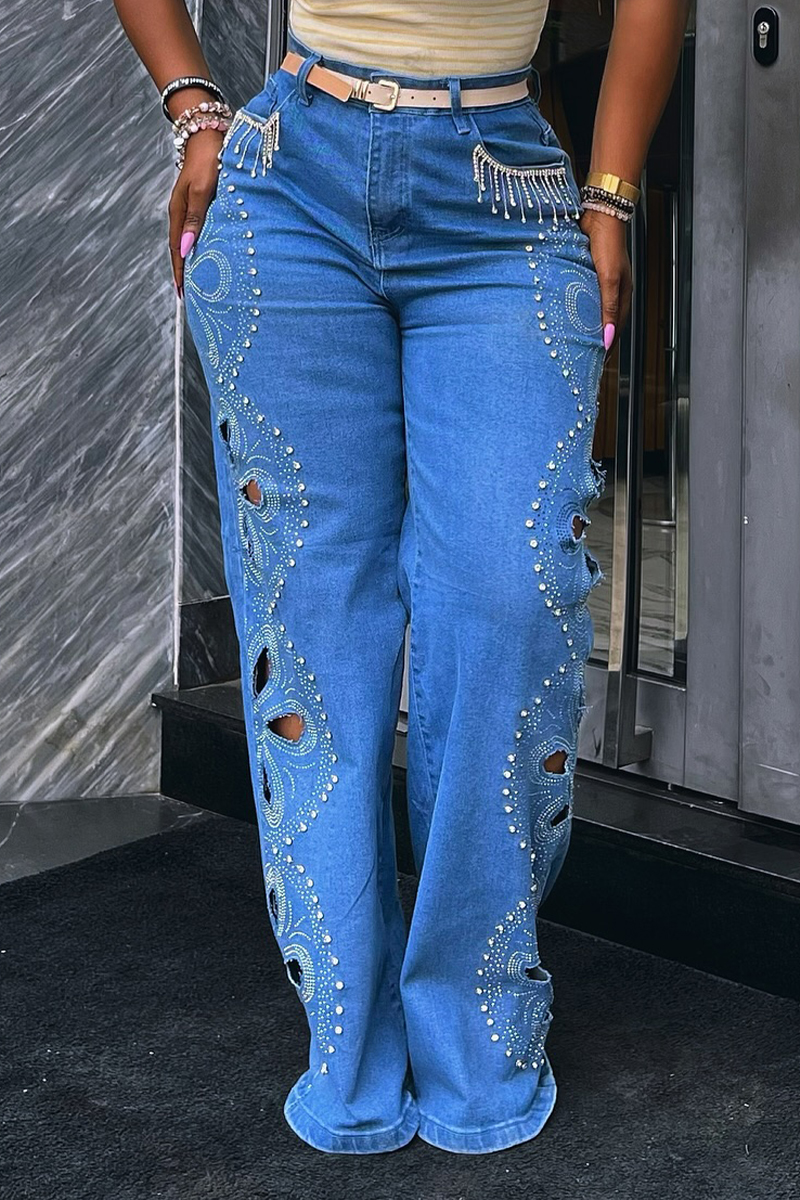 Women's Casual Cutout Floral Rhinestone Jeans
