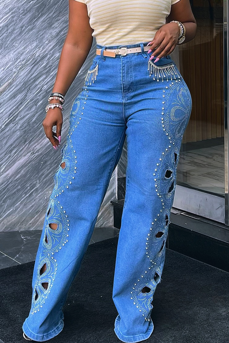 Women's Casual Cutout Floral Rhinestone Jeans