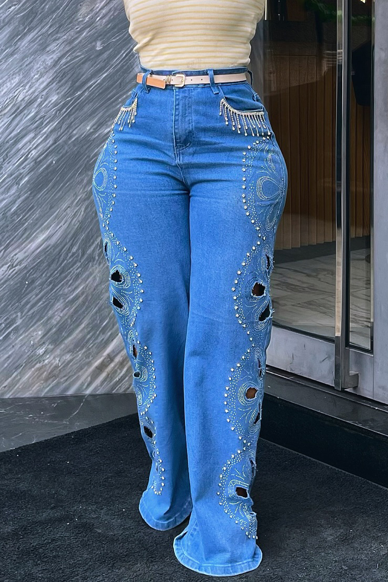 Women's Casual Cutout Floral Rhinestone Jeans