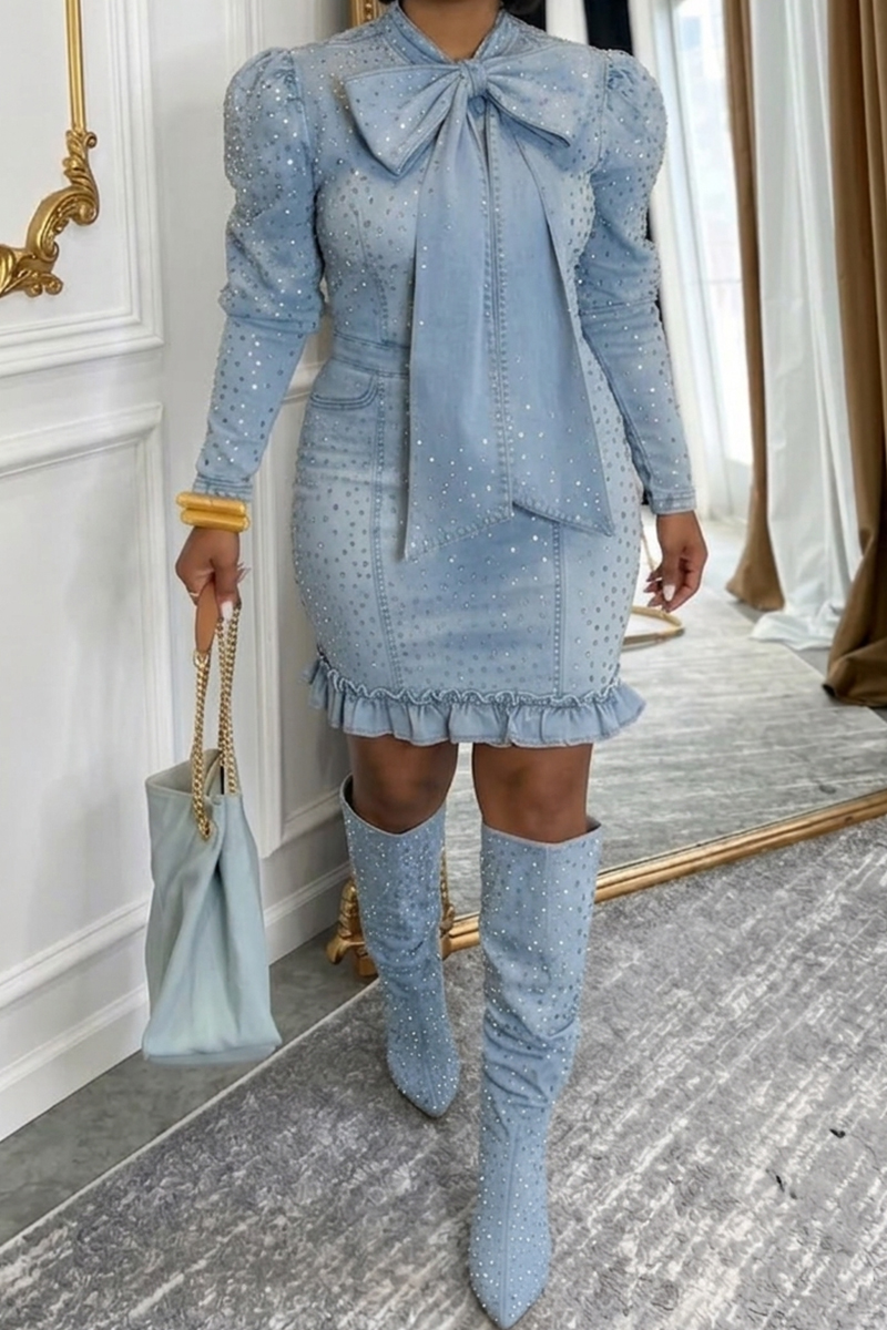 Women's Casual Rhinestone Bow Denim Dress
