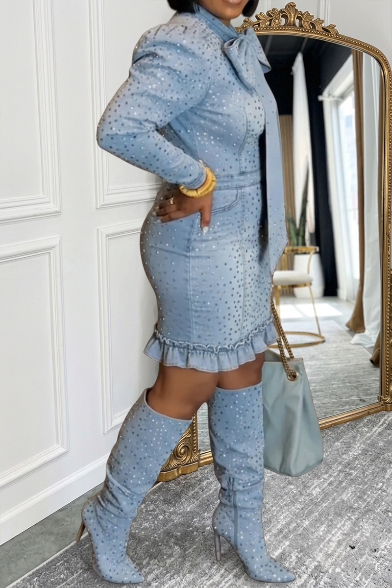 Women's Casual Rhinestone Bow Denim Dress