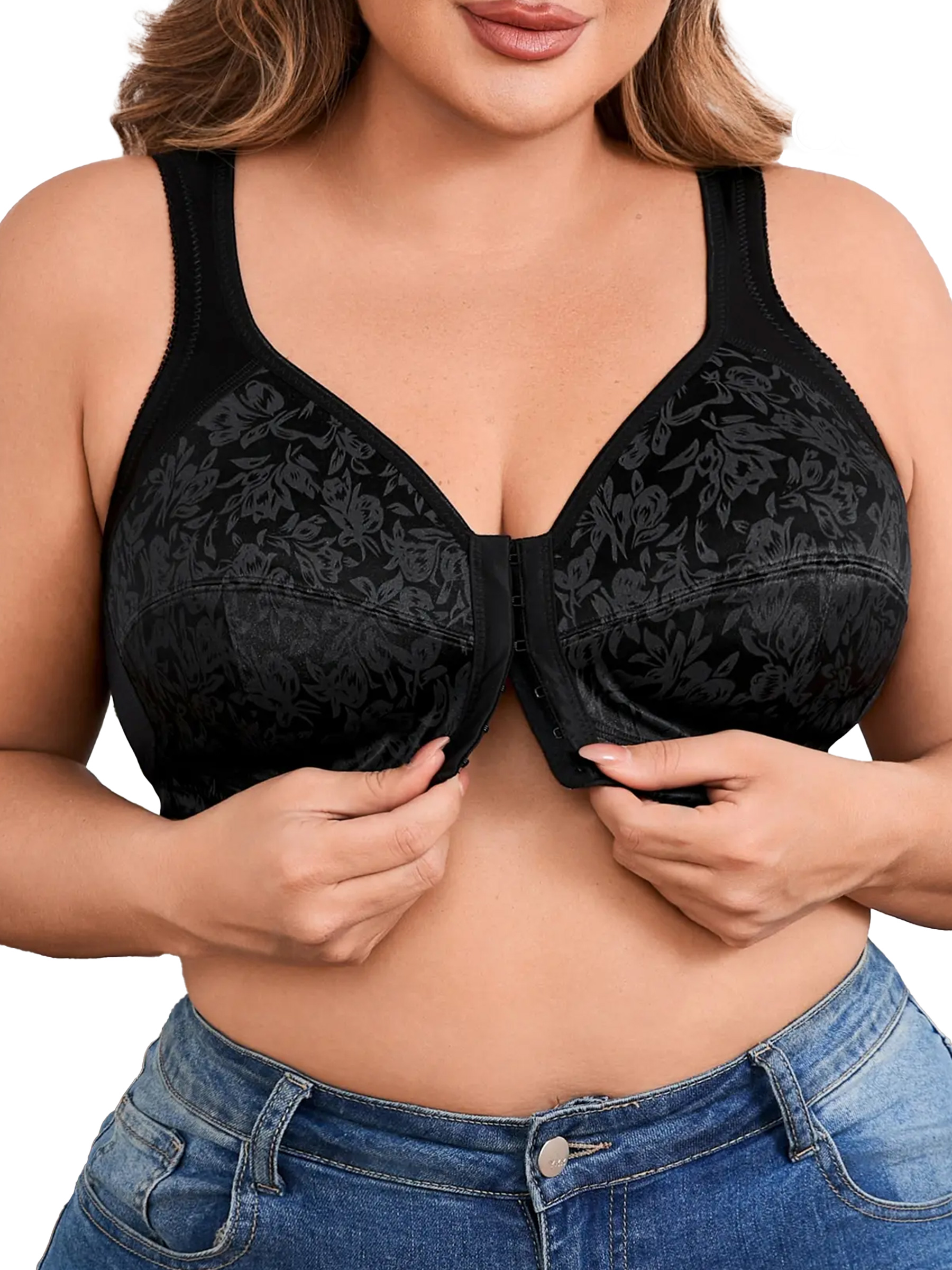 Plus Size Floral Pattern Hook & Eye Front Wireless Bra