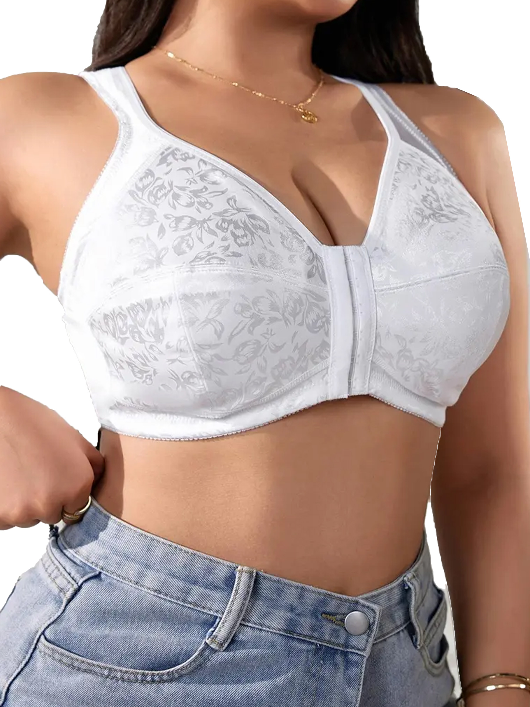 Plus Size Floral Pattern Hook & Eye Front Wireless Bra