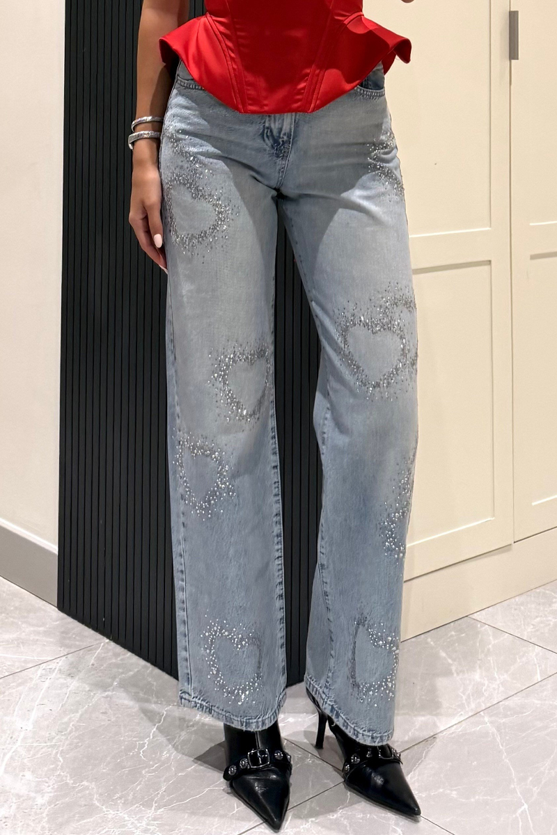 Ladies' Popular Casual Love Rhinestone Straight Leg Jeans