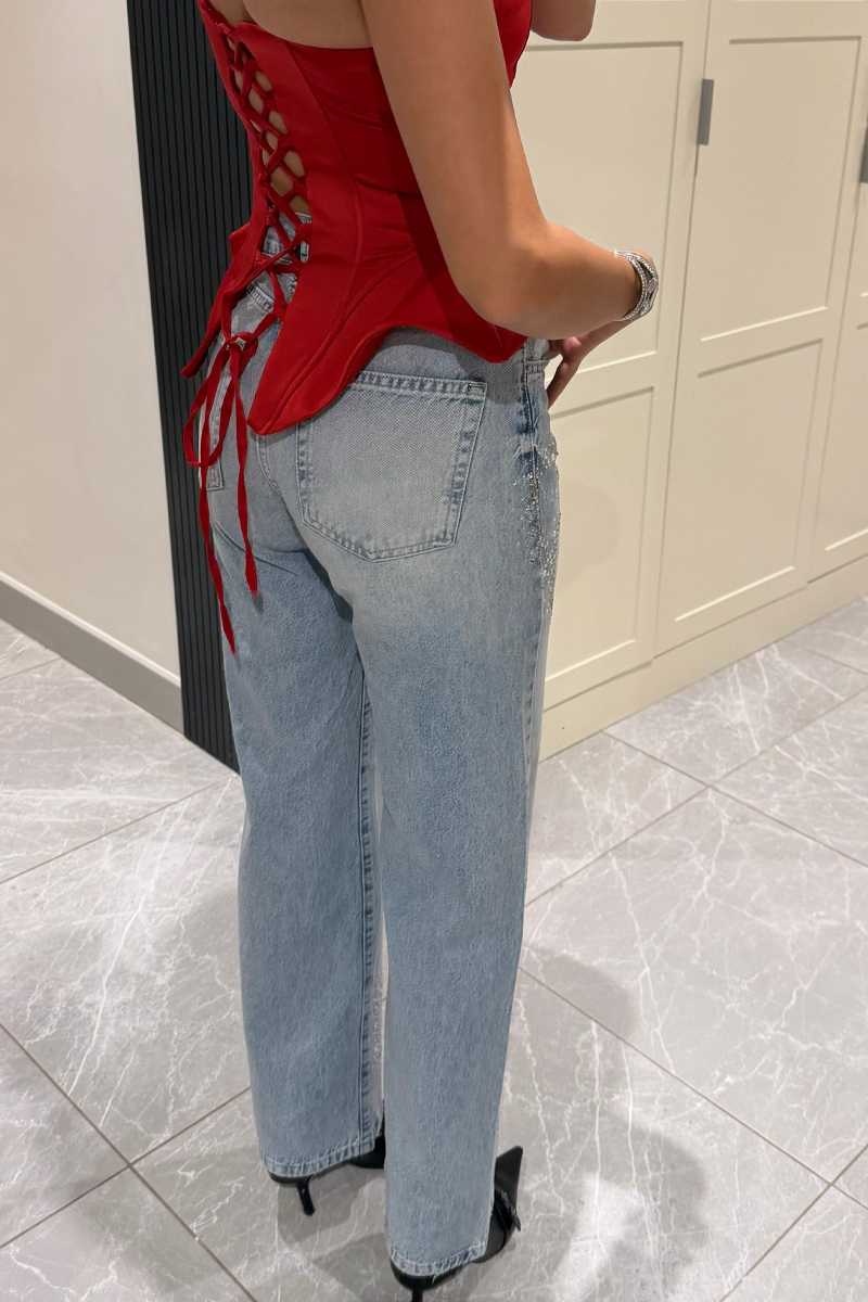 Ladies' Popular Casual Love Rhinestone Straight Leg Jeans