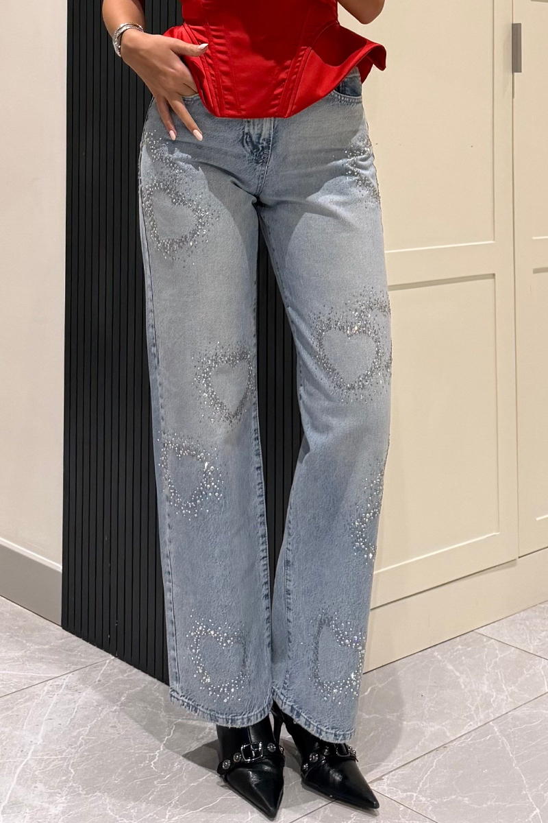 Ladies' Popular Casual Love Rhinestone Straight Leg Jeans