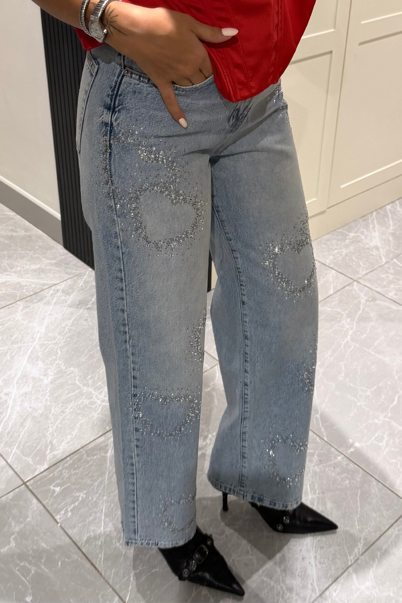 Ladies' Popular Casual Love Rhinestone Straight Leg Jeans