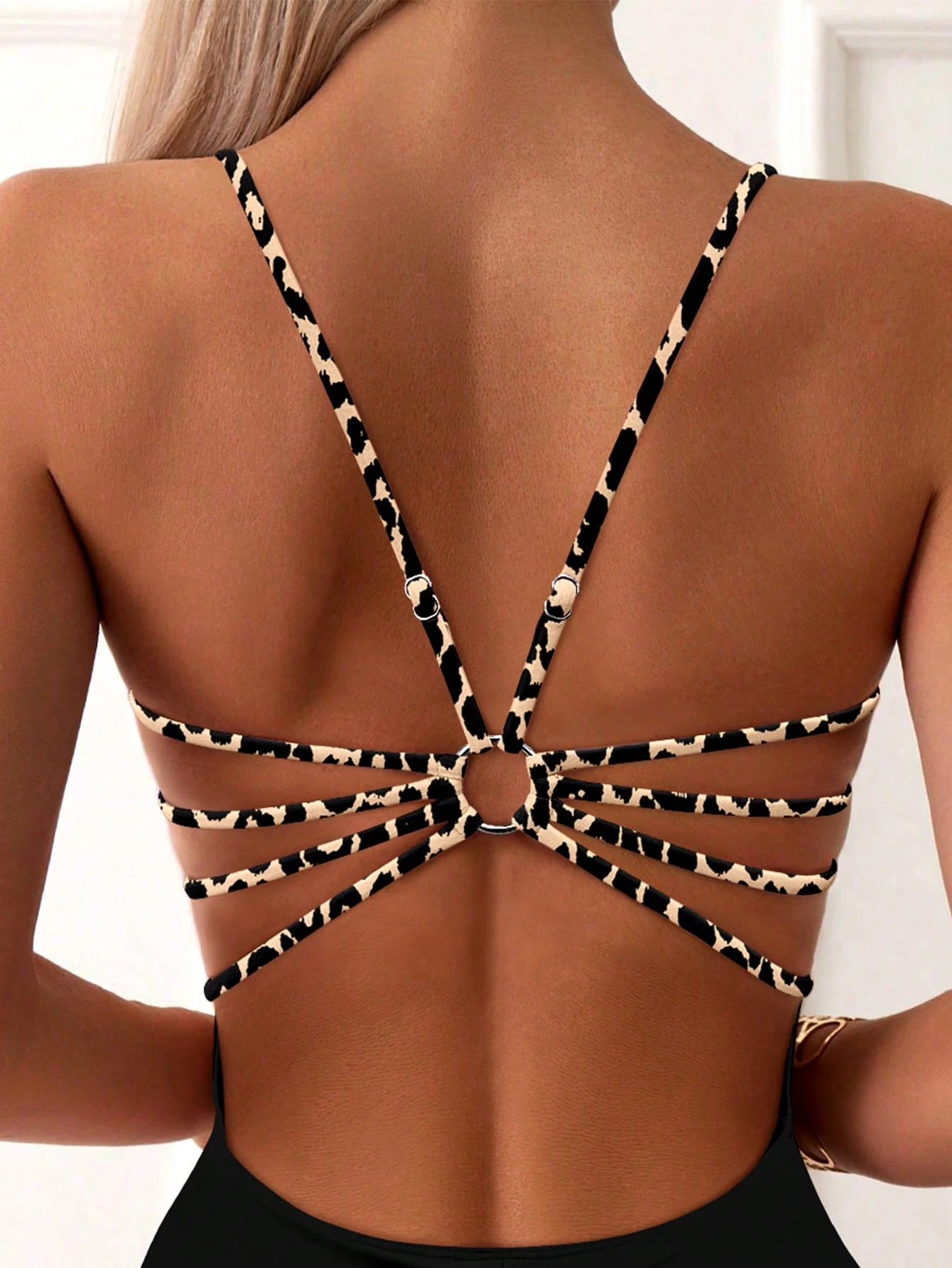 Solid Color Leopard Strap One Piece Swimsuit